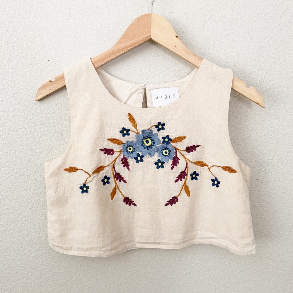 Mable x Anthropologie Floral Embroidered Crop Top Cream Sleeveless MST7974A S - Picture 2 of 6
